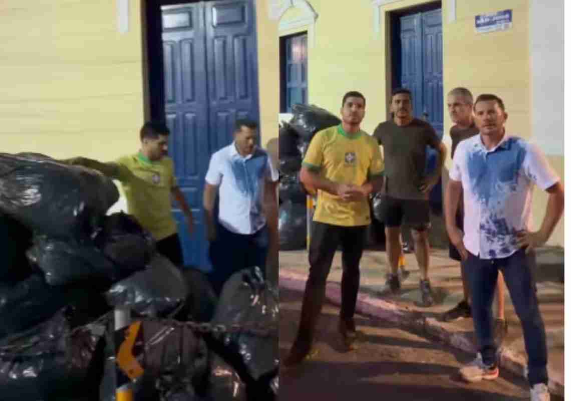 Bolsonarista André Fernandes joga lixo na frente da Prefeitura de Fortaleza para gravar vídeo