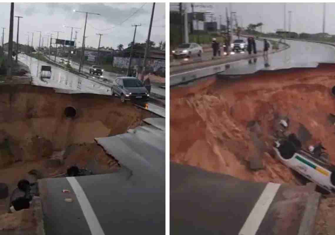 Estrada que liga Fortaleza a Eusébio cede com chuva intensa, abre cratera e deixa um morto