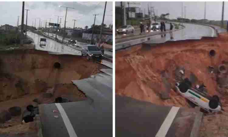 Estrada que liga Fortaleza a Eusébio cede com chuva intensa, abre cratera e deixa um morto
